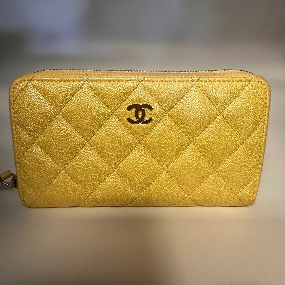 Chanel Yellow Iridescent Quilted Caviar Mini Zip Wallet